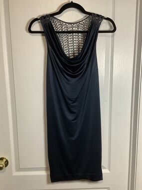 Bebe Sleeveless Navy Cowl Neck Dress with Back Crochet Detail